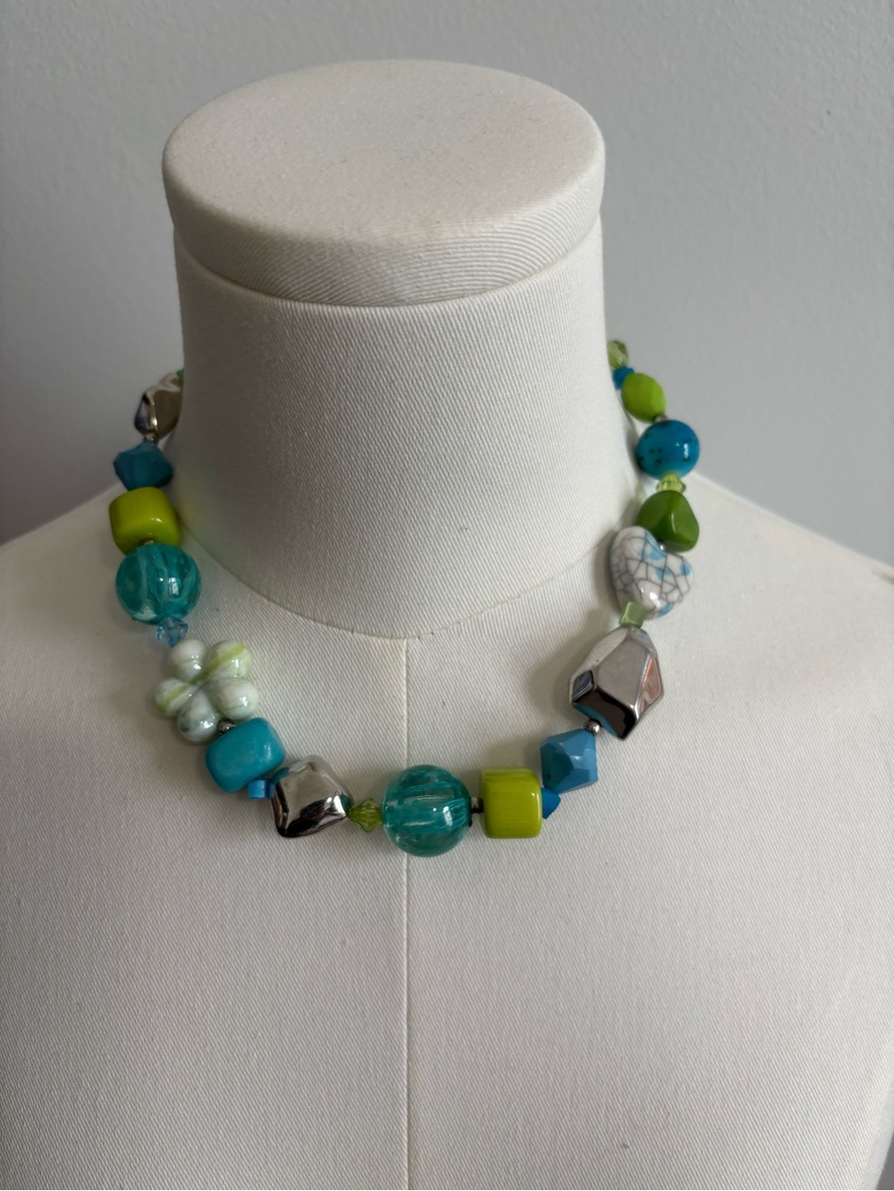 Blue & Lime Beaded Statement Necklace 18in
